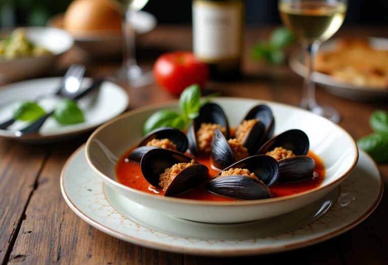 Cozze ripiene al sugo con ingredienti freschi e aromatici