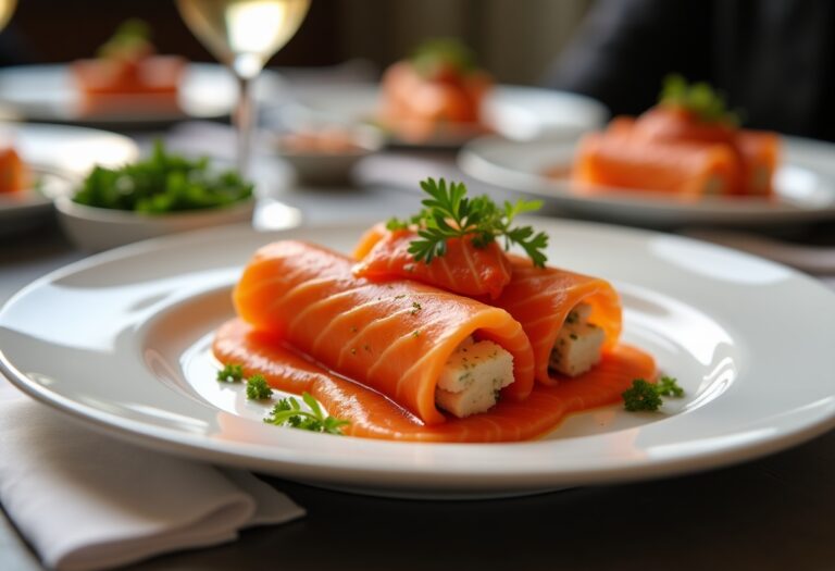 Involtini di salmone affumicato serviti su un piatto elegante