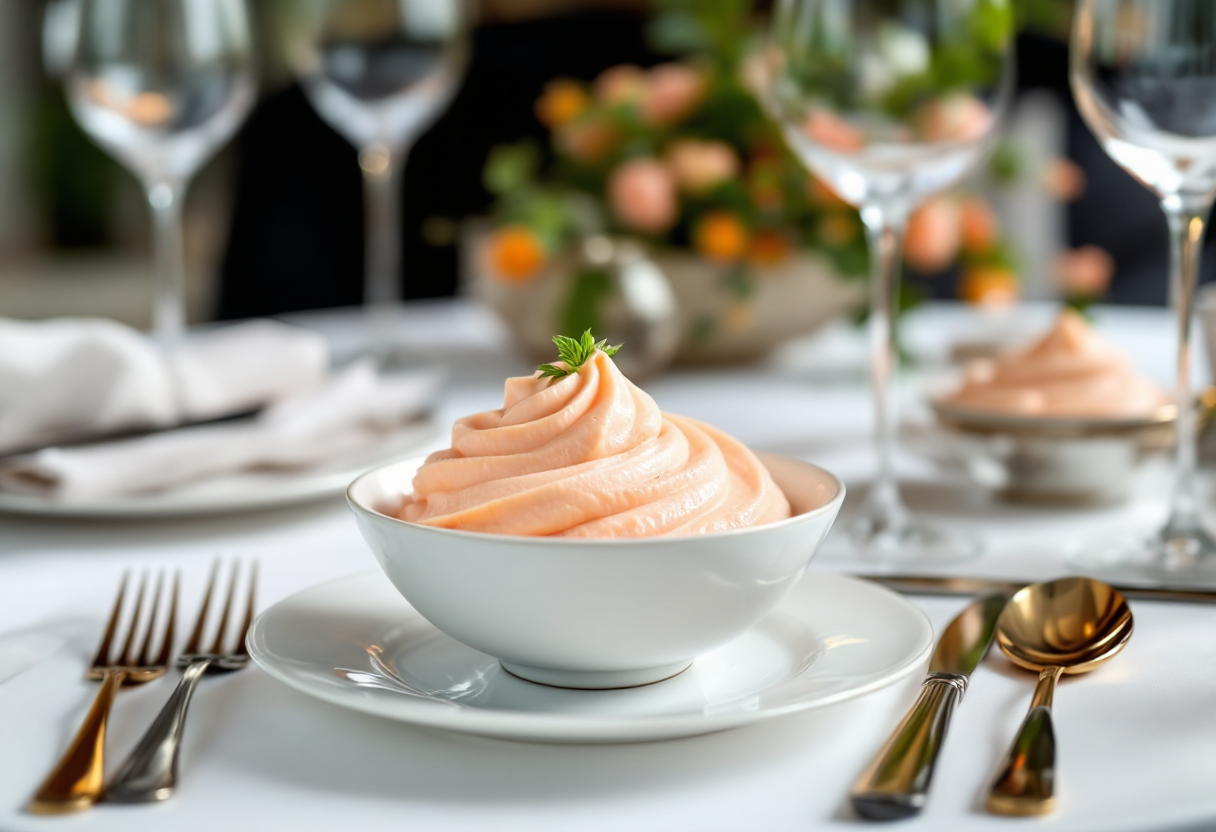 Mousse di salmone servita in un elegante piatto