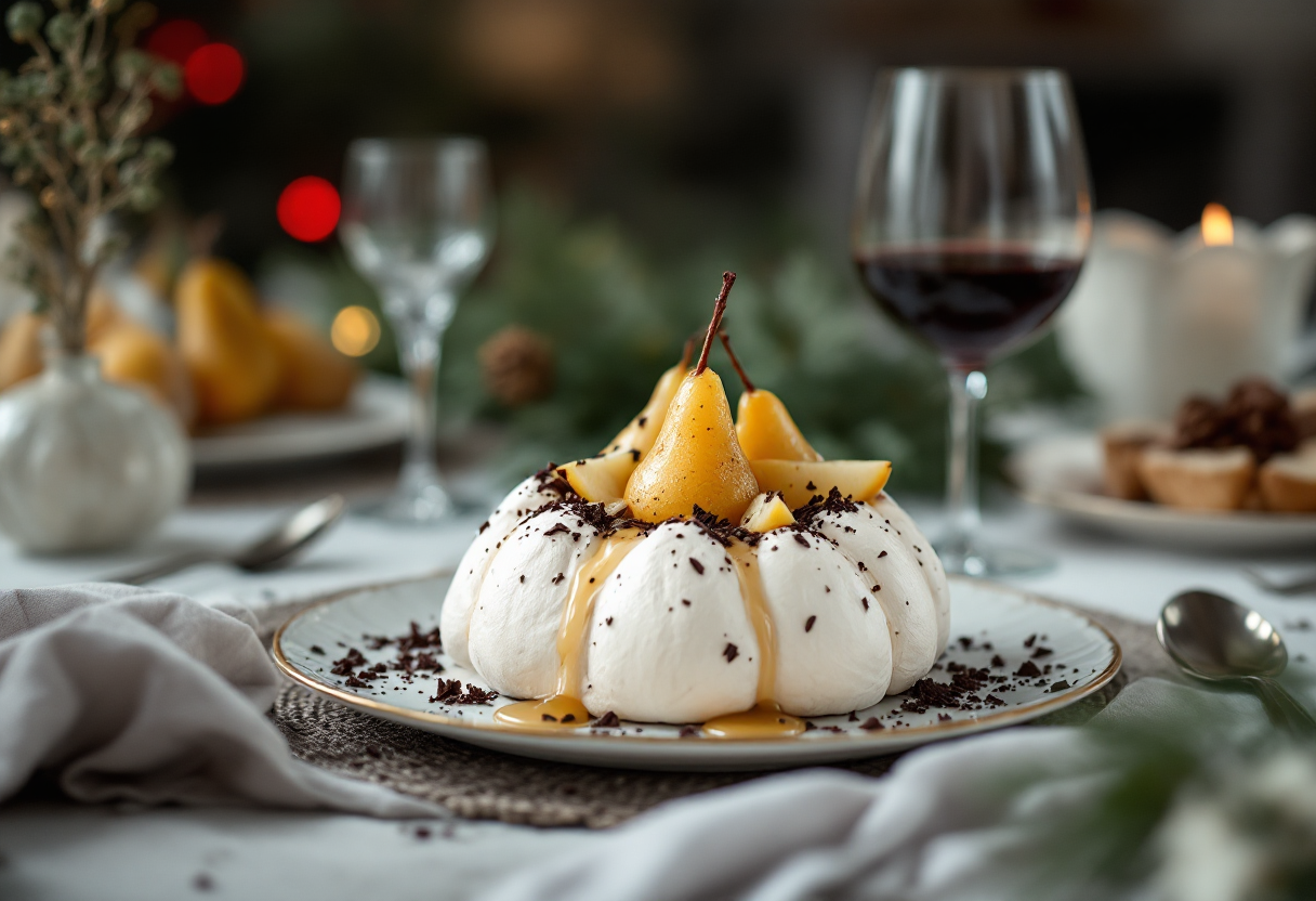 Pavlova decorata con pere e cioccolato fondente