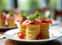 Antipasto elegante di torrette di farinata di ceci e prosciutto