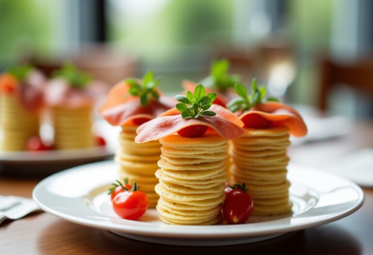 Antipasto elegante di torrette di farinata di ceci e prosciutto