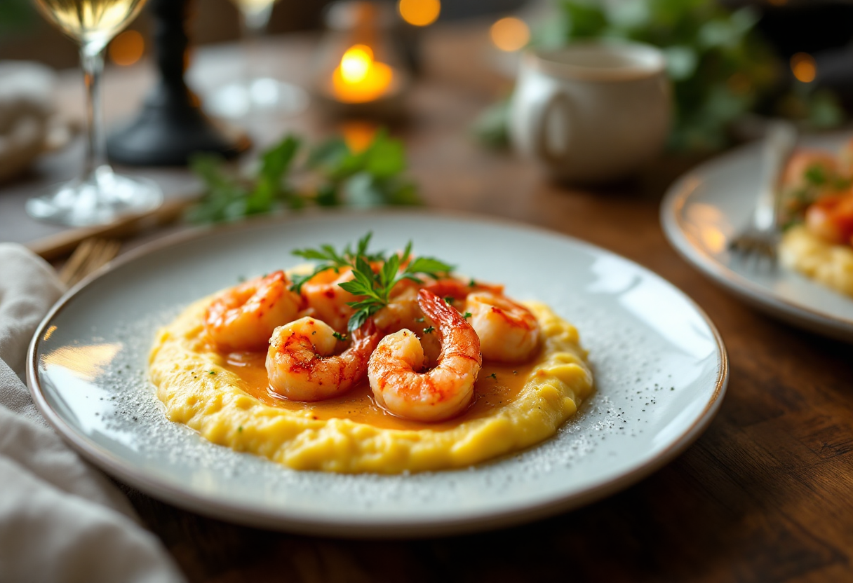 Antipasto di polenta con gamberi su un piatto elegante