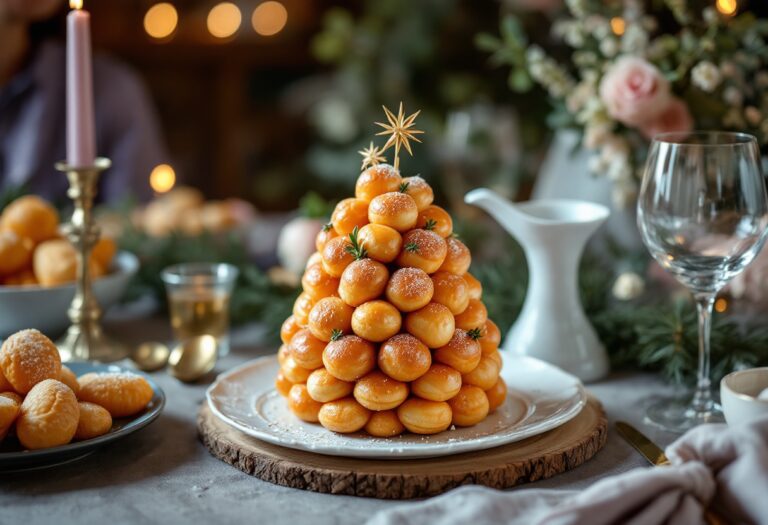 Croquembouche decorato con caramello e fiori edibili