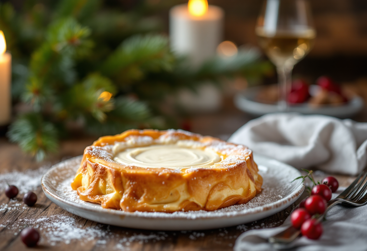 Pandoro farcito con crema e decorazioni festive