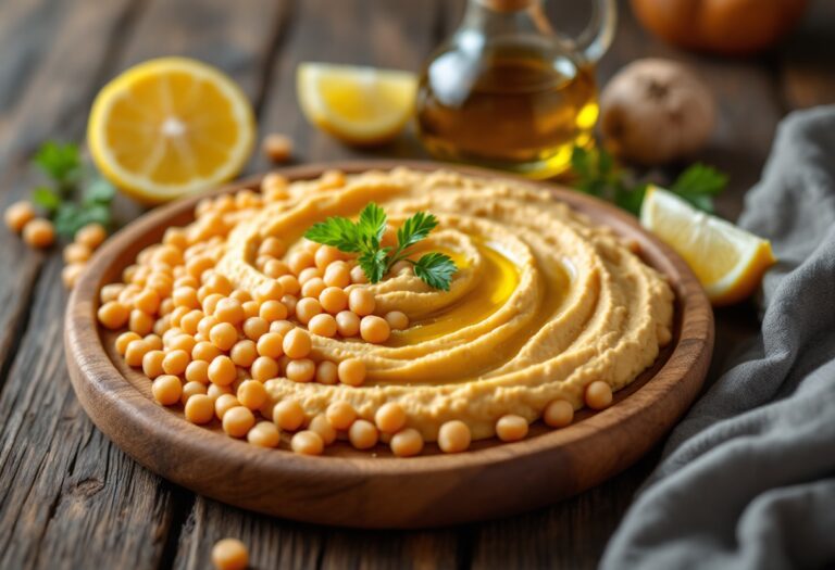 Hummus di ceci servito con olio d'oliva e paprika