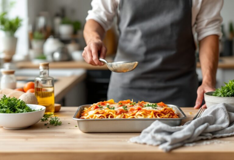 Lasagna al salmone affumicato servita su un piatto elegante