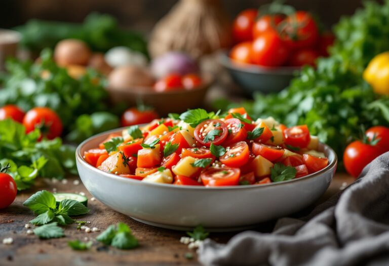 Piatto di panzanella di lenticchie colorato e appetitoso