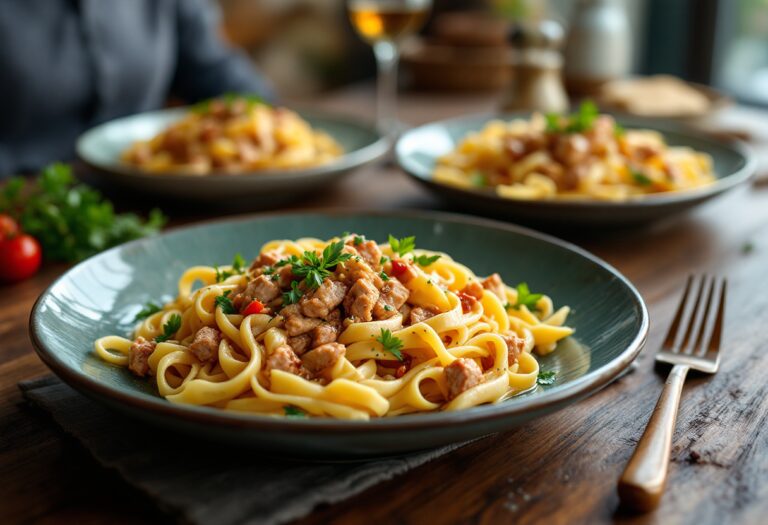 Pasta al tonno servita in un piatto bianco con prezzemolo