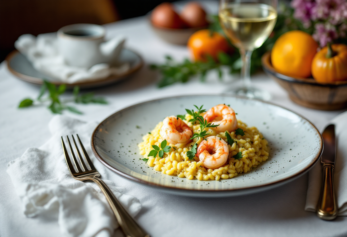 Piatto di risotto ai carciofi e gamberi gourmet