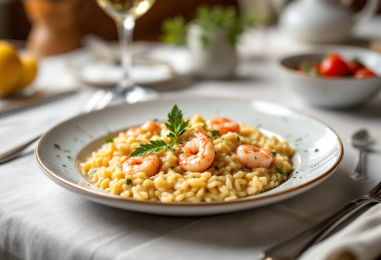 Delizioso risotto alla crema di scampi servito in un piatto