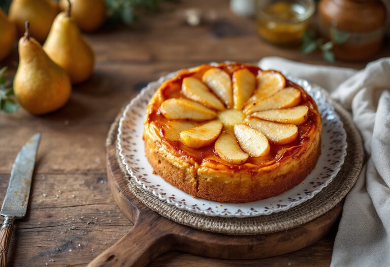 Torta di pere decorata con alchermes e frutta fresca