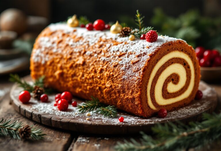 Tronchetto di Natale decorato con cioccolato e zucchero a velo