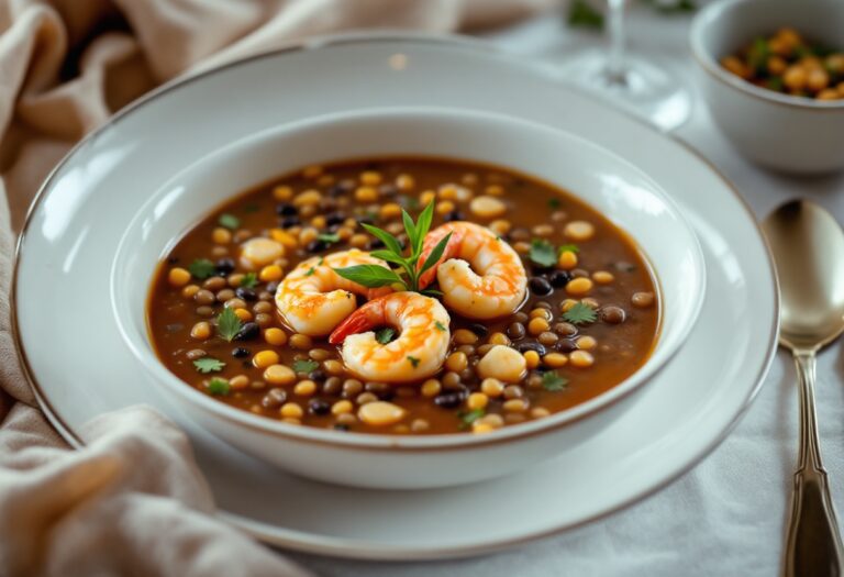 Piatto elegante di zuppa fredda con lenticchie e gamberi