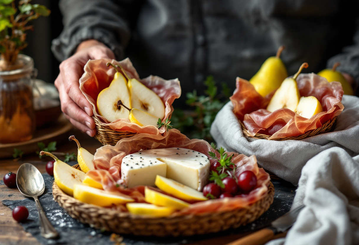 Cestini di prosciutto crudo con stracchino e pere