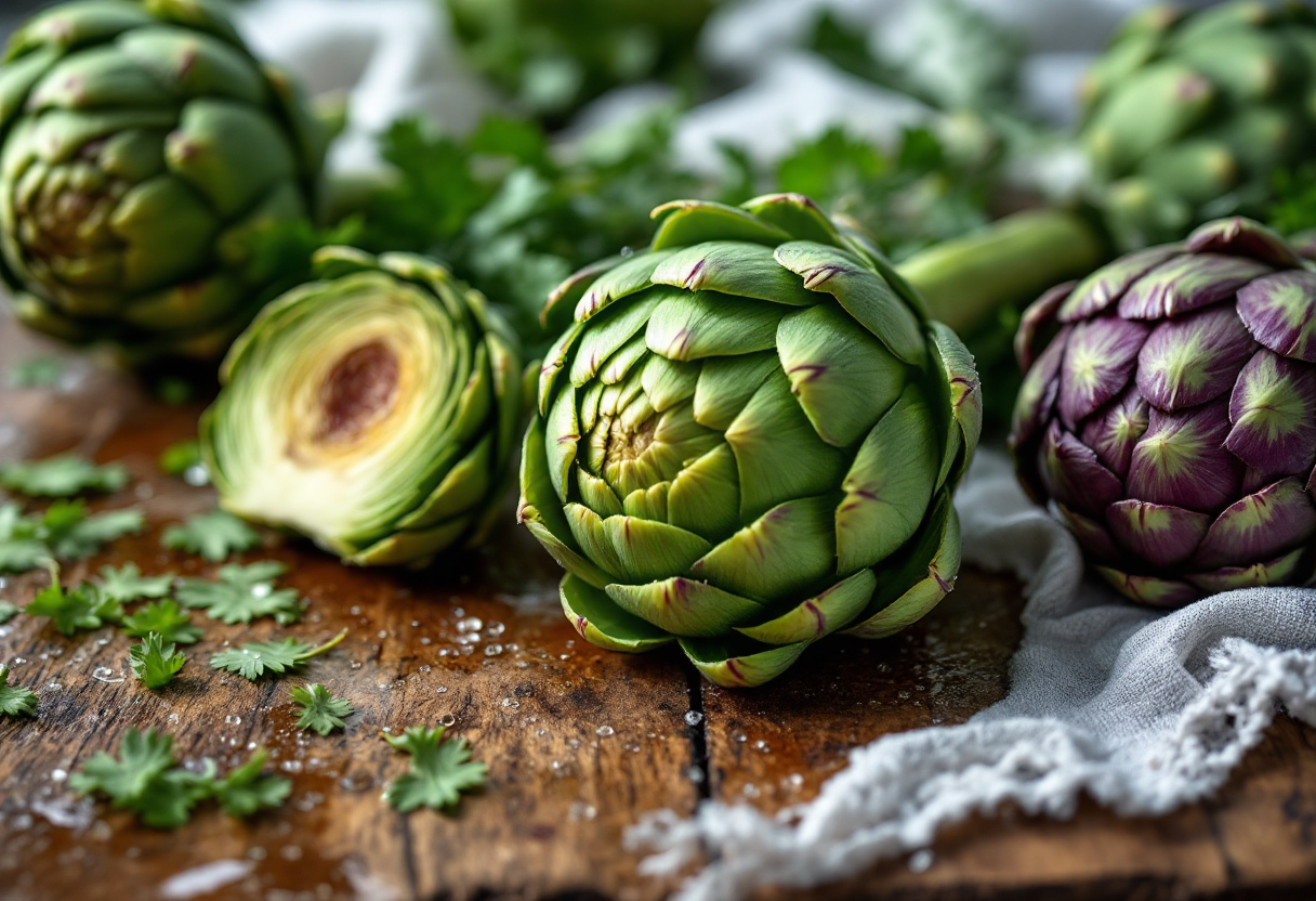 Carciofi freschi pronti per la pulizia e la cottura