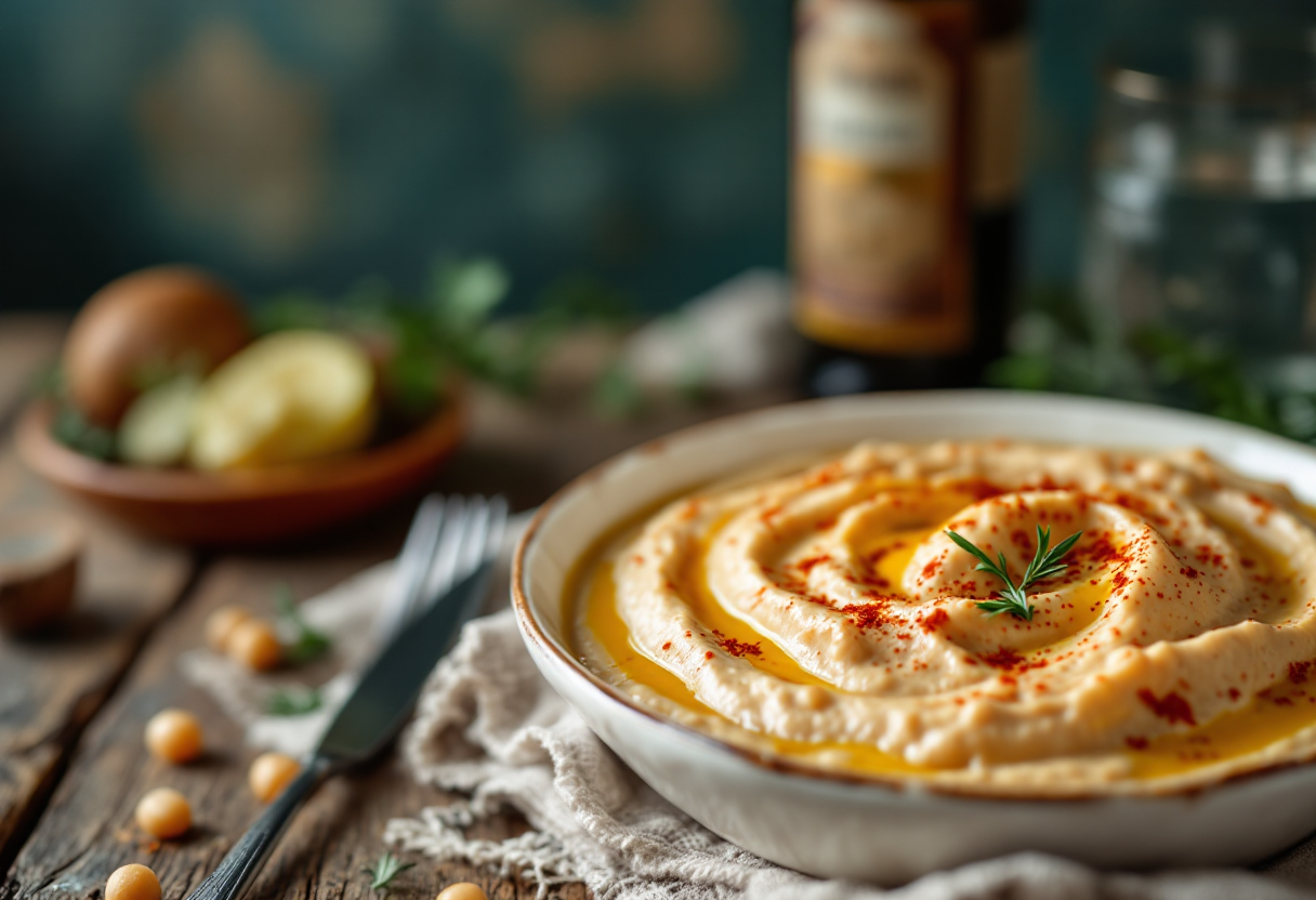 Crema di ceci servita con crostini speziati croccanti