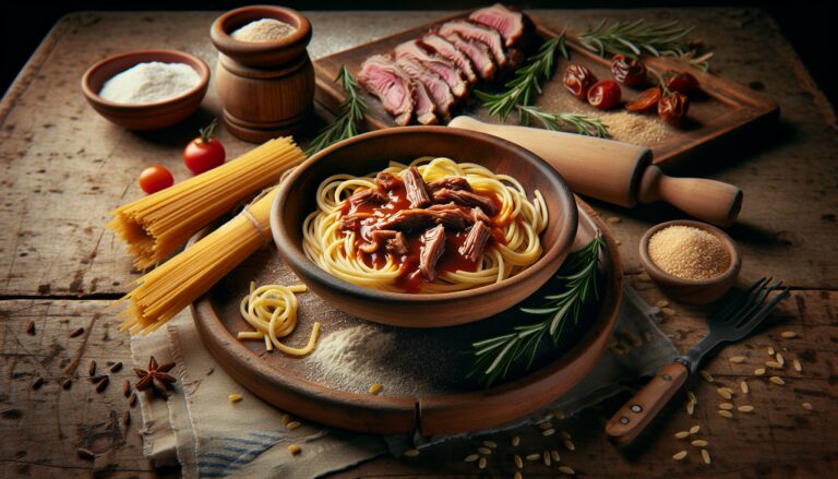 Pici toscani serviti con spalla senese e vino Vernaccia