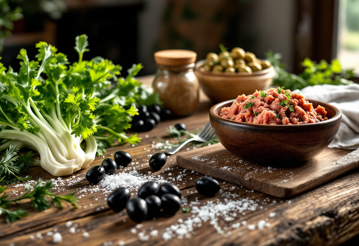 Polpette di carne servite con cicoria e olive taggiasche