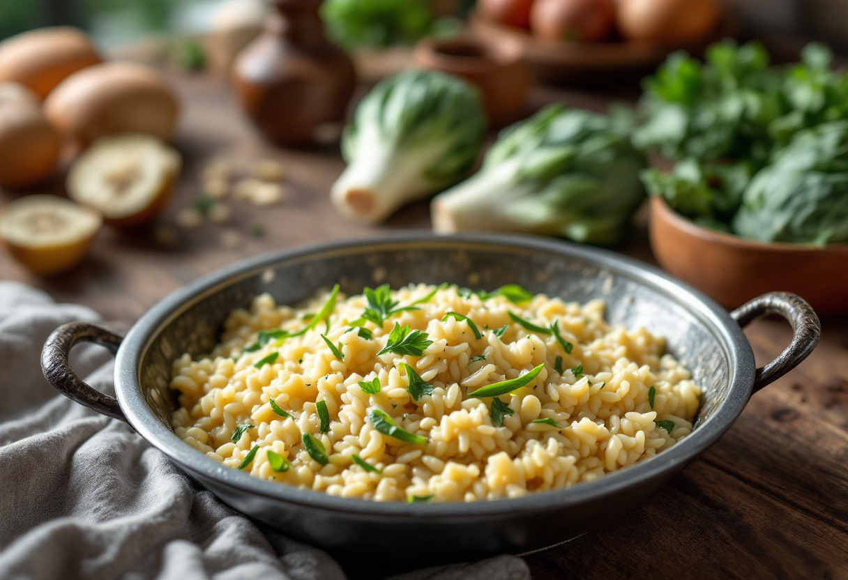 Risotto ai carciofi servito in un piatto elegante