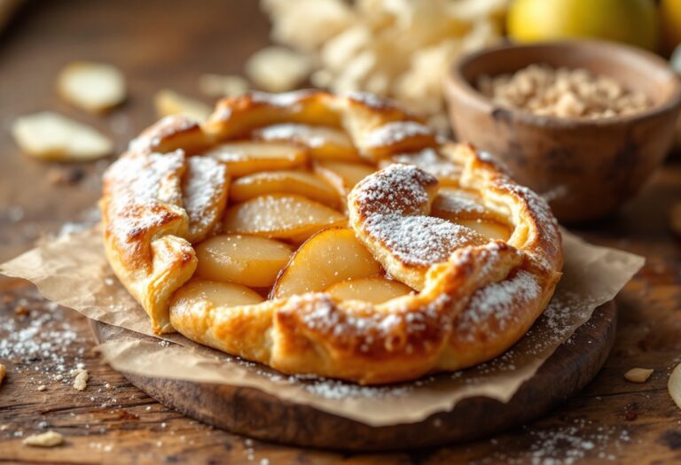 Sfogliata di pere appena sfornata su un piatto