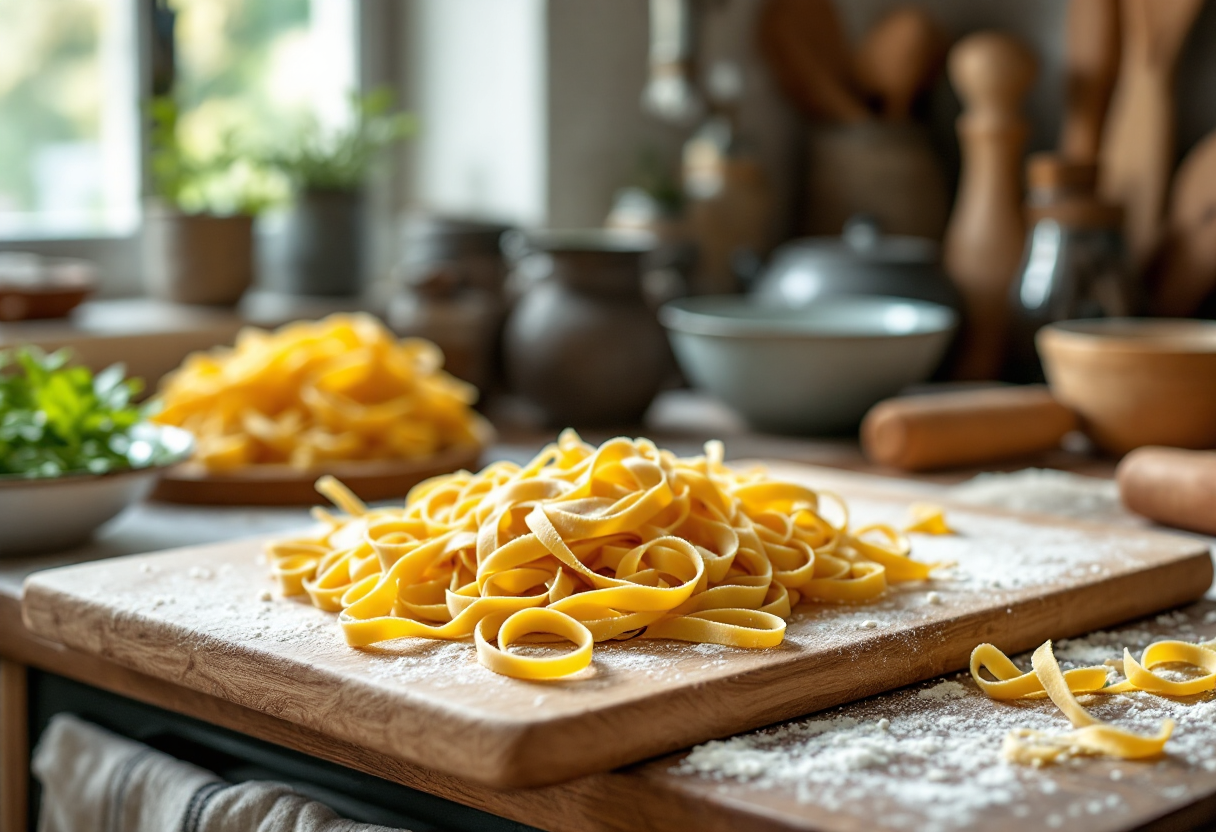 Piatto di tagliatelle di farina di ceci con condimento