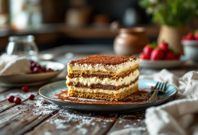 Tiramisù senza uova servito in un piatto elegante