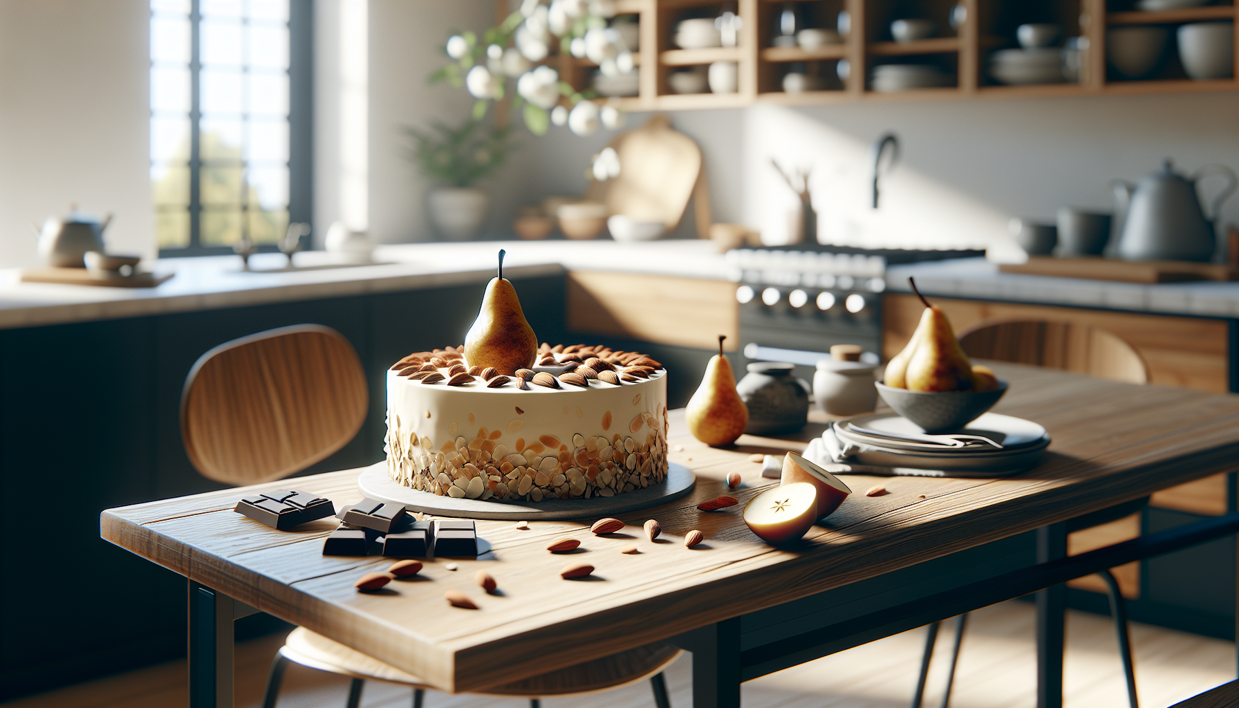 Torta di mandorle con cioccolato e pere fresche