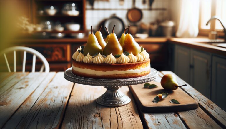 Torta di pere e mascarpone decorata con frutta fresca