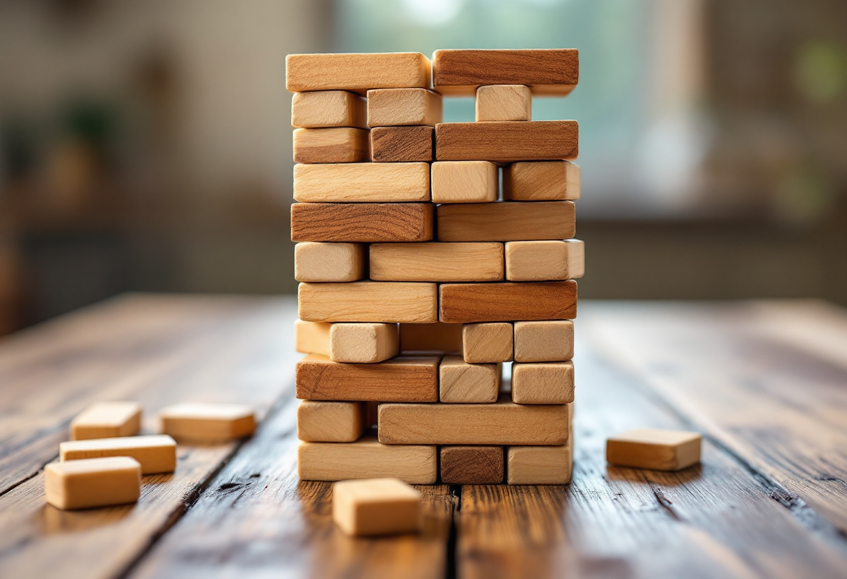 Gioco Jenga con blocchi di legno colorati su tavolo