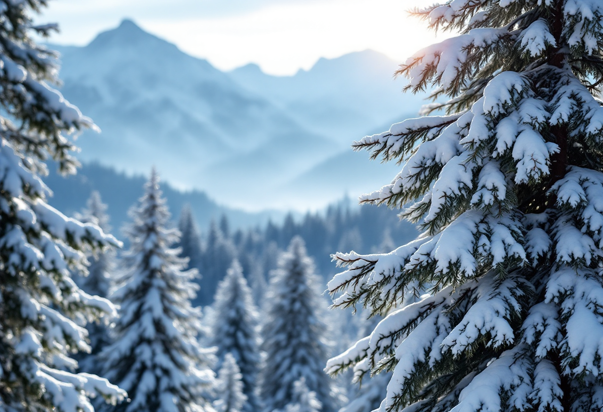 Paesaggio innevato di Ampezzo con alberi e montagne