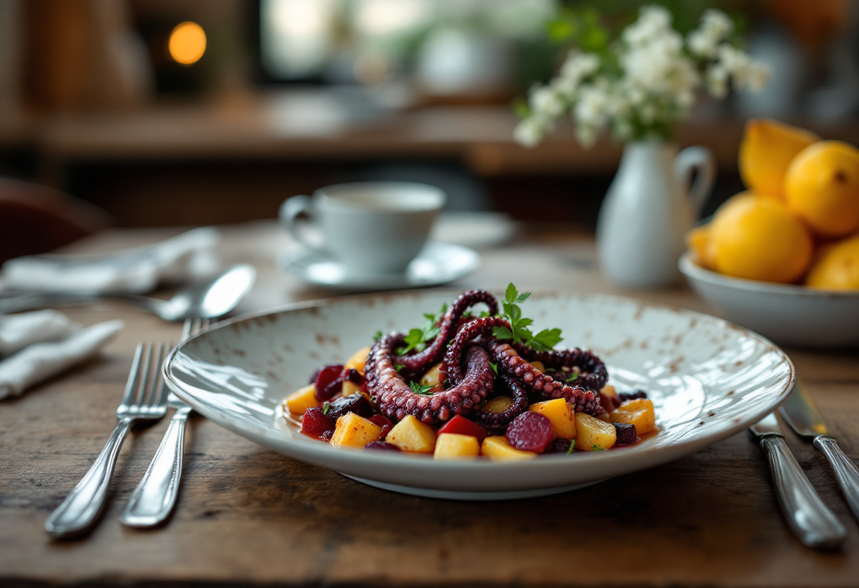 Piatto di polpo con barbabietole e patate