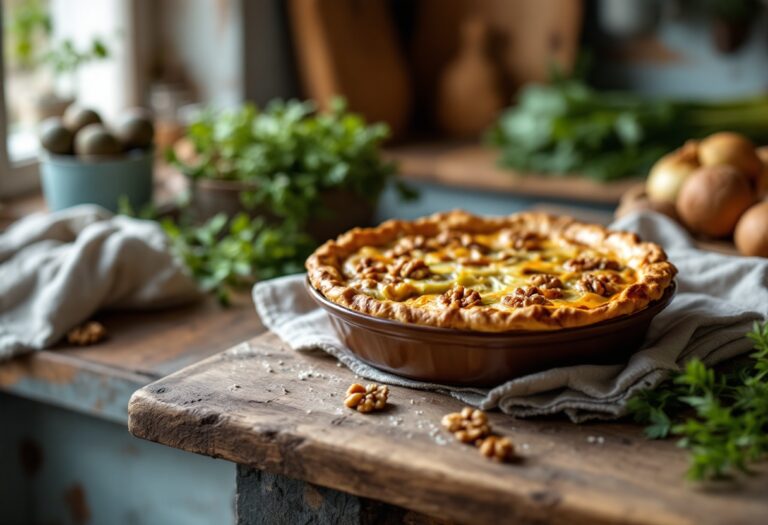 Torta salata con porri e noci appena sfornata